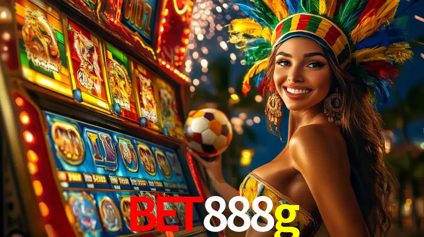 Mulher com um cocar de carnaval ao lado de uma máquina de caça-níqueis enquanto segura uma bola de futebol, mostrando a união da diversão de cassino e esportes no bet888g.