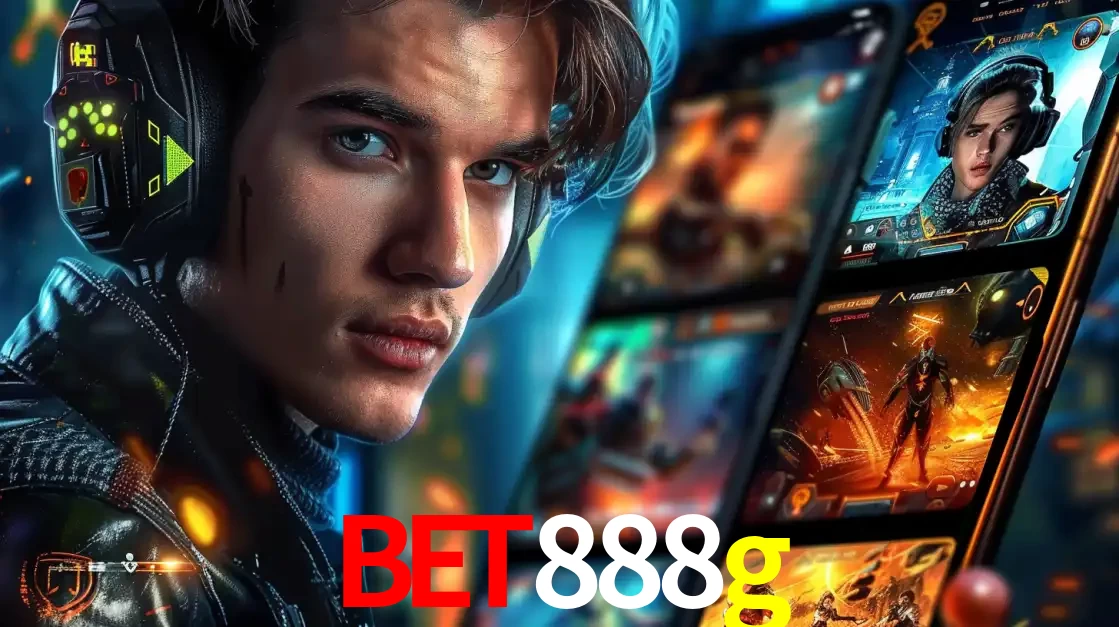 Jovem jogador com fones de ouvido olhando para a câmera, com um aplicativo de jogos e e-sports para celular ao fundo, pronto para a competição e apostas no bet888g.