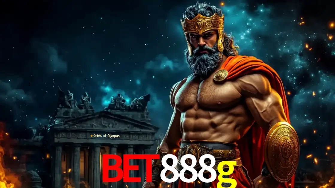 O poderoso Zeus do jogo de slot Gates of Olympus em frente ao seu templo, pronto para lançar multiplicadores divinos e prêmios épicos no cassino online bet888g.