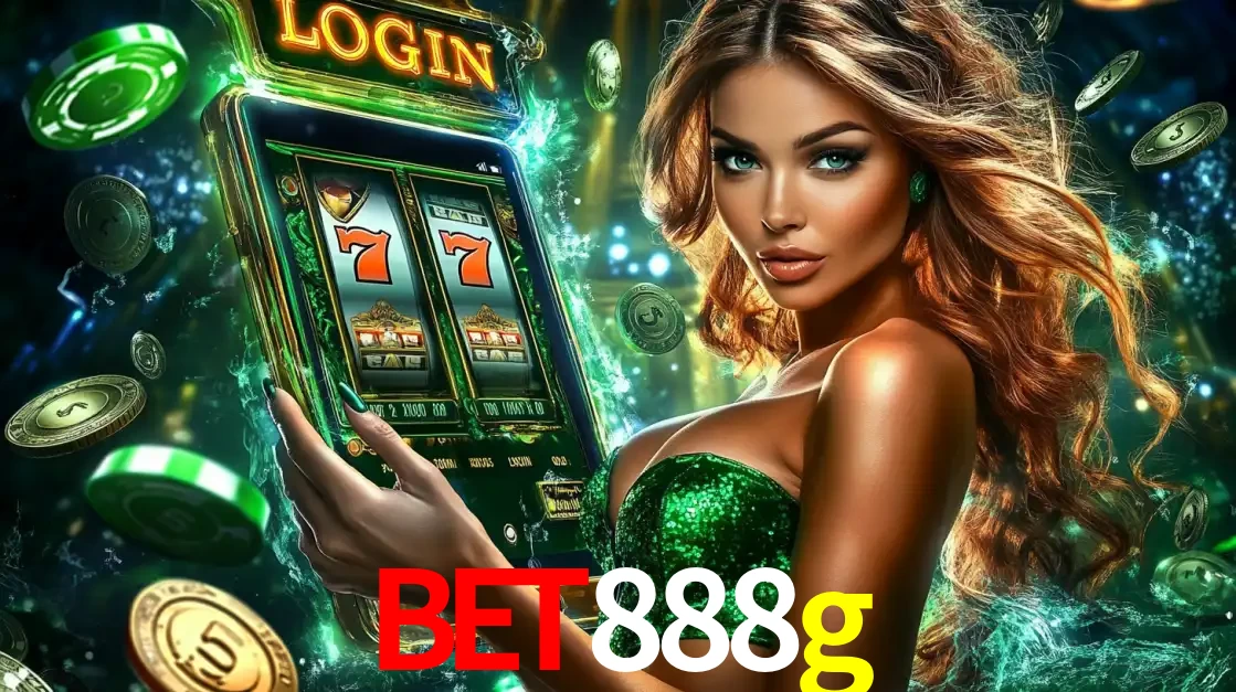 Mulher com tema verde apresentando o aplicativo do cassino bet888g com um jogo de slot de 777, cercada por fichas de cassino e uma aura de sorte.