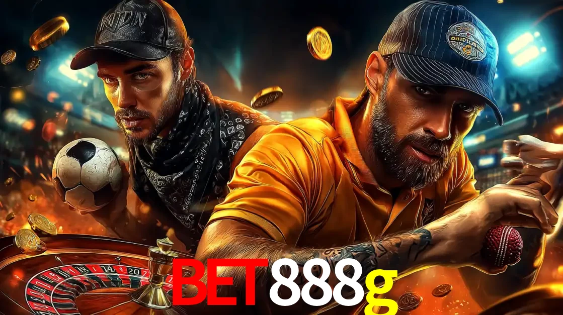 Montagem de apostas esportivas e cassino no bet888g, com um homem segurando uma bola de futebol e outro uma de beisebol sobre uma roleta e moedas voadoras.