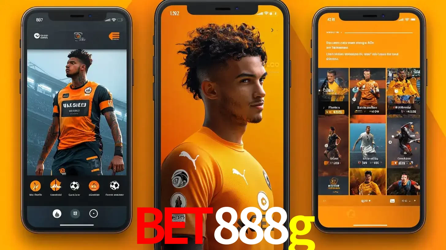 Interface do aplicativo de apostas esportivas bet888g em três telas de celular, mostrando o perfil de um jogador de futebol e a lista de jogos disponíveis para apostar.