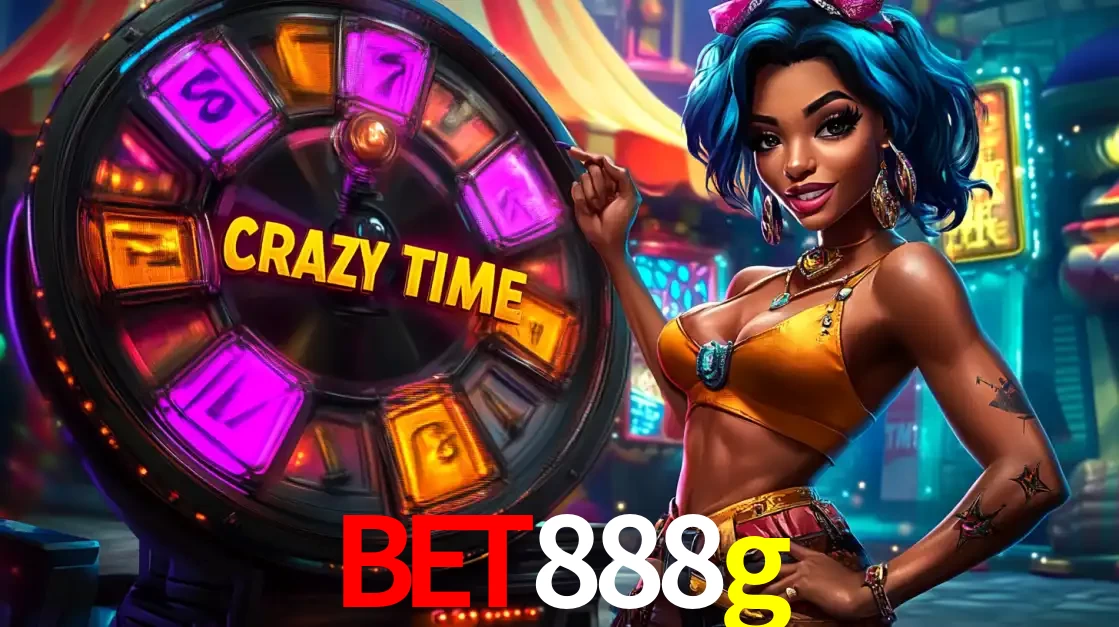 Mulher estilizada com cabelo azul e visual vibrante posando ao lado da roda de prêmios do game show Crazy Time, convidando para a diversão e os bônus do cassino bet888g.